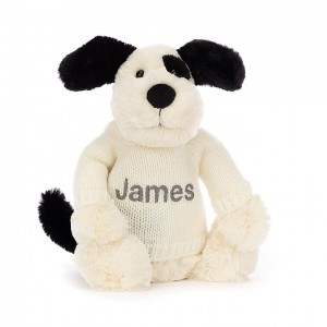 Jellycat Bashful Black & Cream Chiot with Personalised Cream Jumper MEDIUM - H31 X W12 CM | 96341CRNO