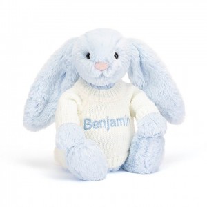 Jellycat Bashful Blue Lapin with Personalised Cream Jumper MEDIUM - H31 X W12 CM | 31879VOSB