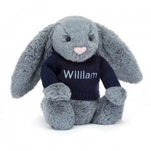 Jellycat Bashful Dusky Blue Lapin with Personalised Navy Jumper MEDIUM - H31 X W12 CM | 98260LOPG