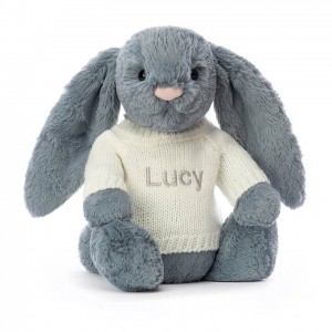 Jellycat Bashful Dusky Blue Lapin with Personalised Cream Jumper MEDIUM - H31 X W12 CM | 13284XFON