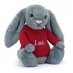 Jellycat Bashful Dusky Blue Lapin with Personalised Red Jumper MEDIUM - H31 X W12 CM | 71849EXDP