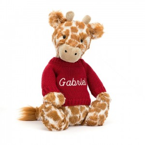 Jellycat Bashful Girafe with Personalised Red Jumper MEDIUM - H31 X W12 CM | 16725KDAC