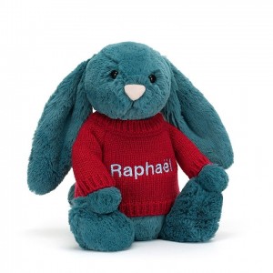 Jellycat Bashful Mineral Blue Lapin with Personalised Red Jumper MEDIUM - H31 X W12 CM | 08795BYRQ