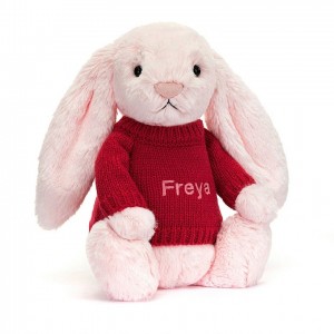 Jellycat Bashful Pink Lapin with Personalised Red Jumper MEDIUM - H31 X W12 CM | 23874JEAZ