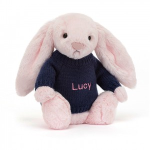 Jellycat Bashful Pink Lapin with Personalised Navy Jumper MEDIUM - H31 X W12 CM | 01384DFTO