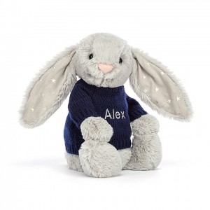 Jellycat Bashful Shimmer Lapin with Personalised Navy Jumper MEDIUM - H31 X W12 CM | 57918XAHB