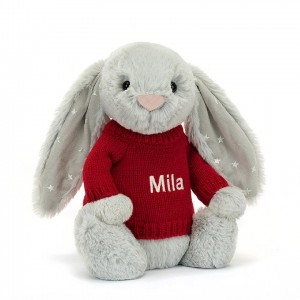 Jellycat Bashful Shimmer Lapin with Personalised Red Jumper MEDIUM - H31 X W12 CM | 50768PAUS