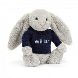 Jellycat Bashful Silver Lapin with Personalised Navy Jumper MEDIUM - H31 X W12 CM | 60758VOEJ