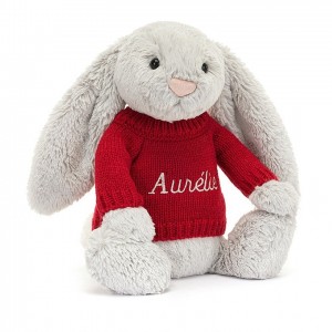 Jellycat Bashful Silver Lapin with Personalised Red Jumper MEDIUM - H31 X W12 CM | 72368WYXE