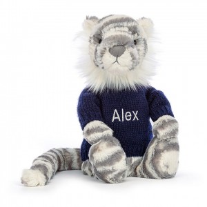 Jellycat Bashful Snow Tigre with Personalised Navy Jumper MEDIUM - H31 X W12 CM | 61084GUQF