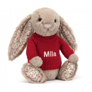 Jellycat Blossom Bea Beige Lapin with Personalised Red Jumper MEDIUM - H31 X W12 CM | 62953SCOU