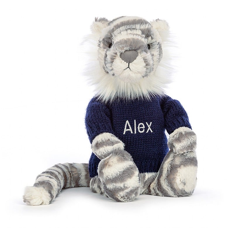 Jellycat Bashful Snow Tigre with Personalised Navy Jumper MEDIUM - H31 X W12 CM | 69230QLXH