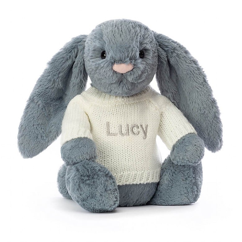 Jellycat Bashful Dusky Blue Lapin with Personalised Cream Jumper MEDIUM - H31 X W12 CM | 96013KQXP