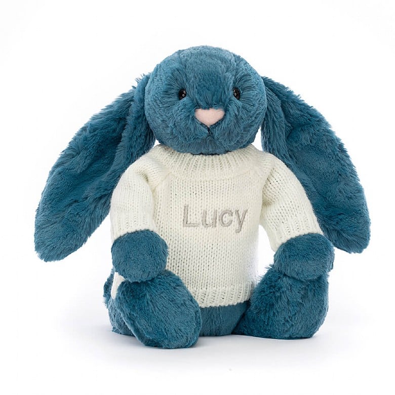 Jellycat Bashful Mineral Blue Lapin with Personalised Cream Jumper MEDIUM - H31 X W12 CM | 52780BRWL