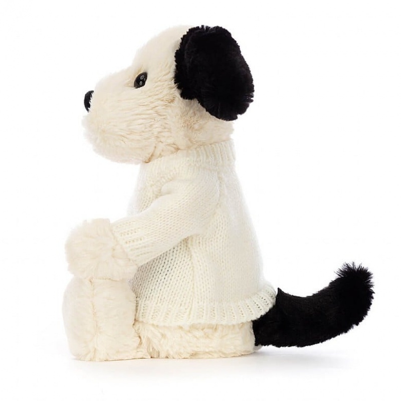 Jellycat Bashful Black & Cream Chiot with Personalised Cream Jumper MEDIUM - H31 X W12 CM | 96341CRNO