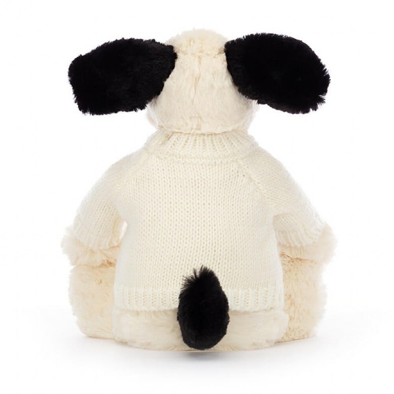 Jellycat Bashful Black & Cream Chiot with Personalised Cream Jumper MEDIUM - H31 X W12 CM | 96341CRNO