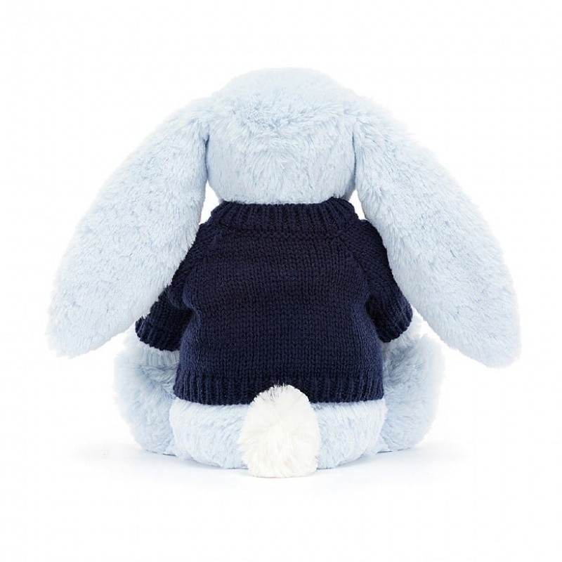 Jellycat Bashful Blue Lapin with Personalised Navy Jumper MEDIUM - H31 X W12 CM | 98352IFTY