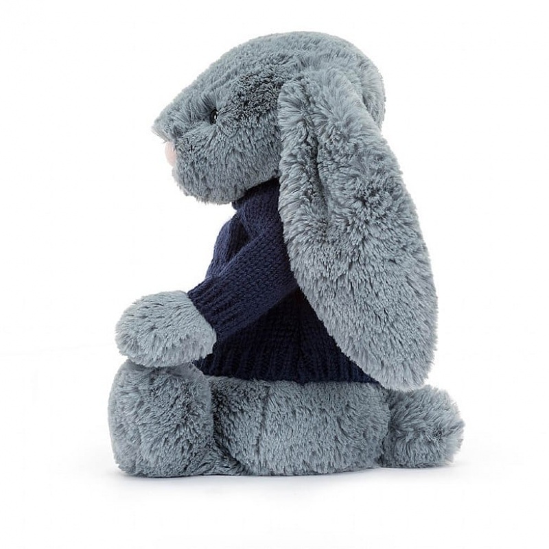 Jellycat Bashful Dusky Blue Lapin with Personalised Navy Jumper MEDIUM - H31 X W12 CM | 98260LOPG