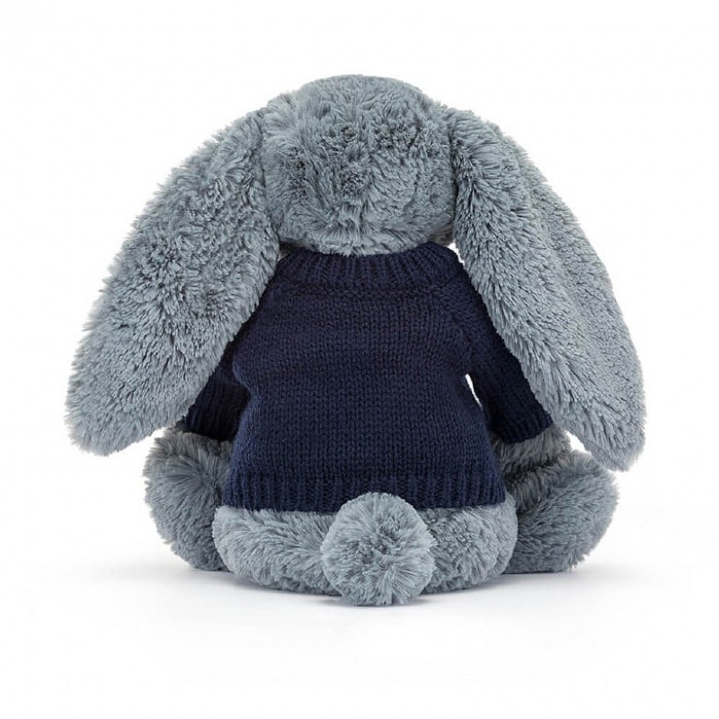 Jellycat Bashful Dusky Blue Lapin with Personalised Navy Jumper MEDIUM - H31 X W12 CM | 98260LOPG