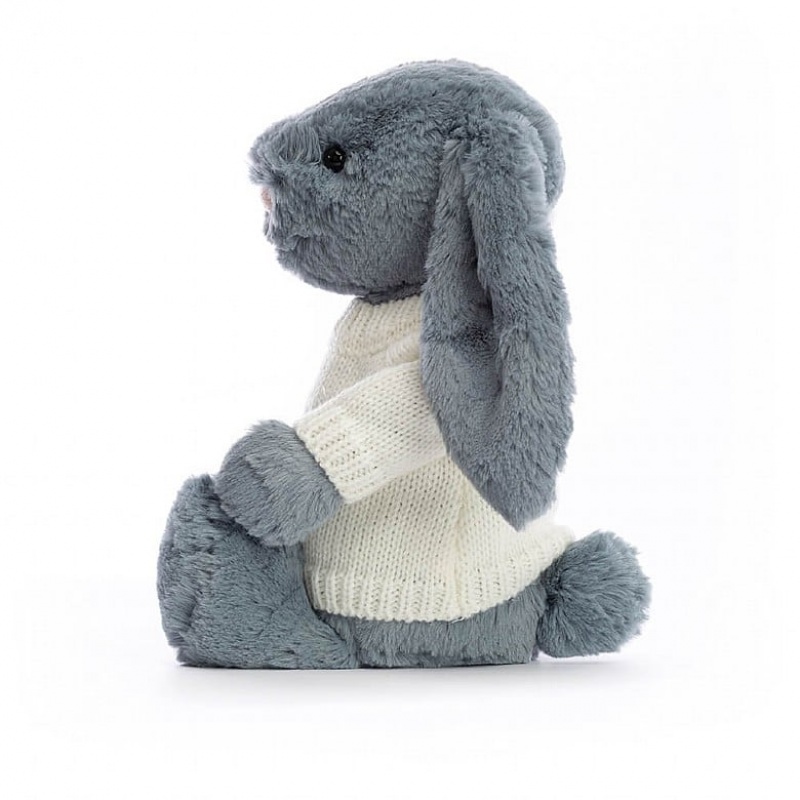 Jellycat Bashful Dusky Blue Lapin with Personalised Cream Jumper MEDIUM - H31 X W12 CM | 13284XFON