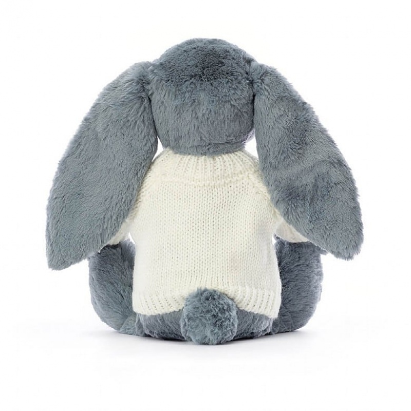 Jellycat Bashful Dusky Blue Lapin with Personalised Cream Jumper MEDIUM - H31 X W12 CM | 13284XFON