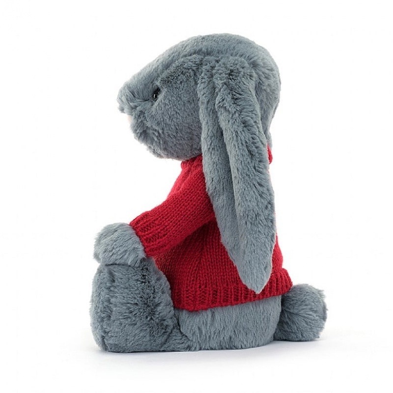 Jellycat Bashful Dusky Blue Lapin with Personalised Red Jumper MEDIUM - H31 X W12 CM | 71849EXDP