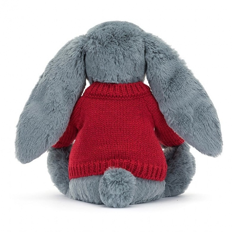 Jellycat Bashful Dusky Blue Lapin with Personalised Red Jumper MEDIUM - H31 X W12 CM | 71849EXDP