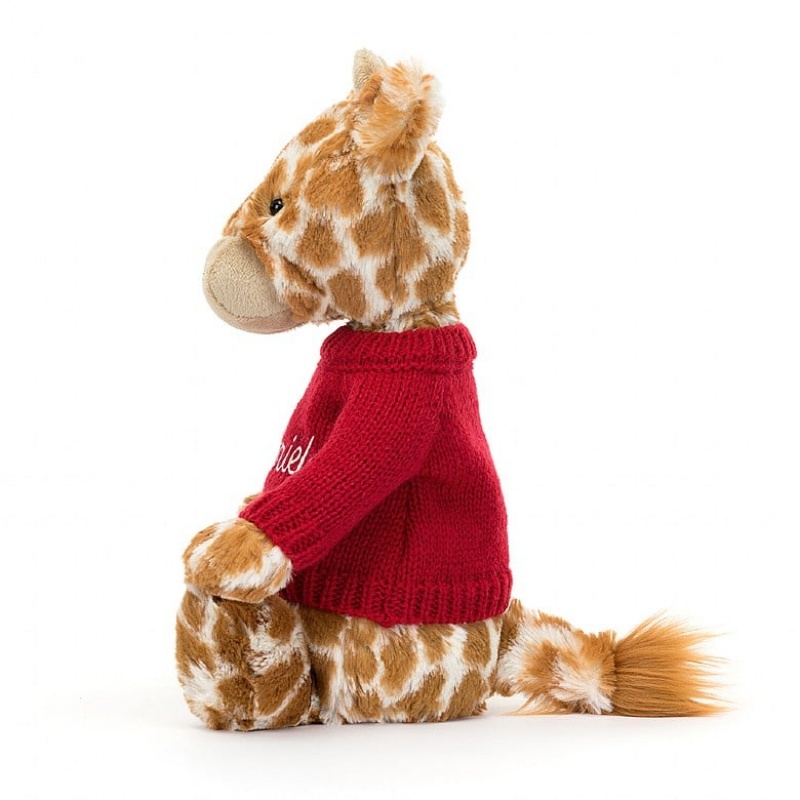 Jellycat Bashful Girafe with Personalised Red Jumper MEDIUM - H31 X W12 CM | 16725KDAC