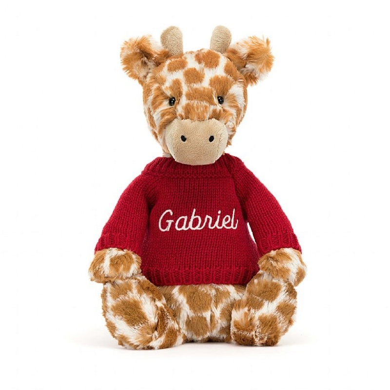 Jellycat Bashful Girafe with Personalised Red Jumper MEDIUM - H31 X W12 CM | 16725KDAC