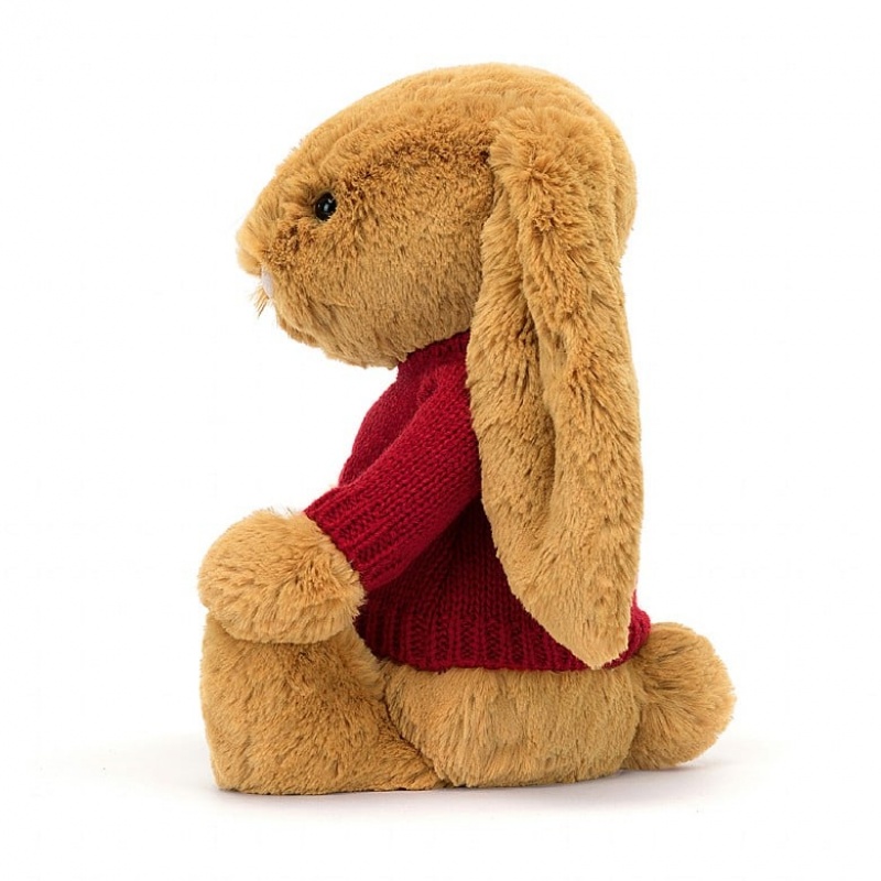 Jellycat Bashful Golden Lapin with Personalised Red Jumper MEDIUM - H31 X W12 CM | 68059JEIG