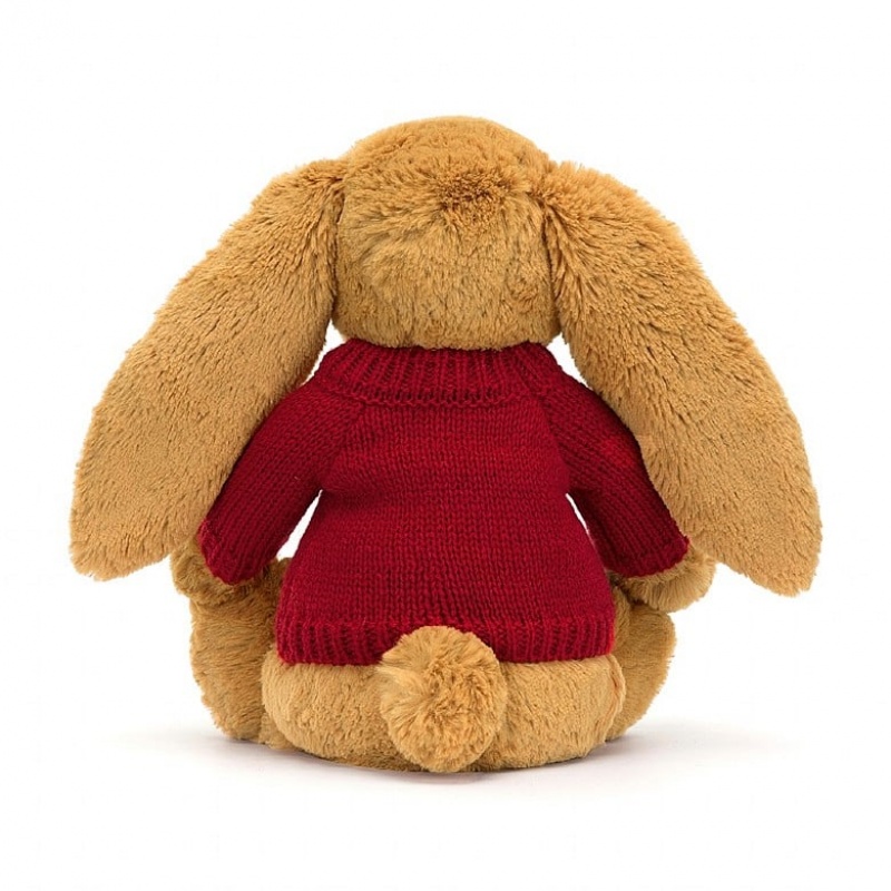 Jellycat Bashful Golden Lapin with Personalised Red Jumper MEDIUM - H31 X W12 CM | 68059JEIG