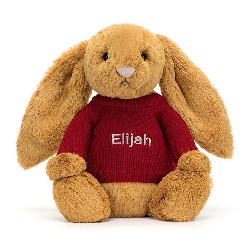 Jellycat Bashful Golden Lapin with Personalised Red Jumper MEDIUM - H31 X W12 CM | 68059JEIG