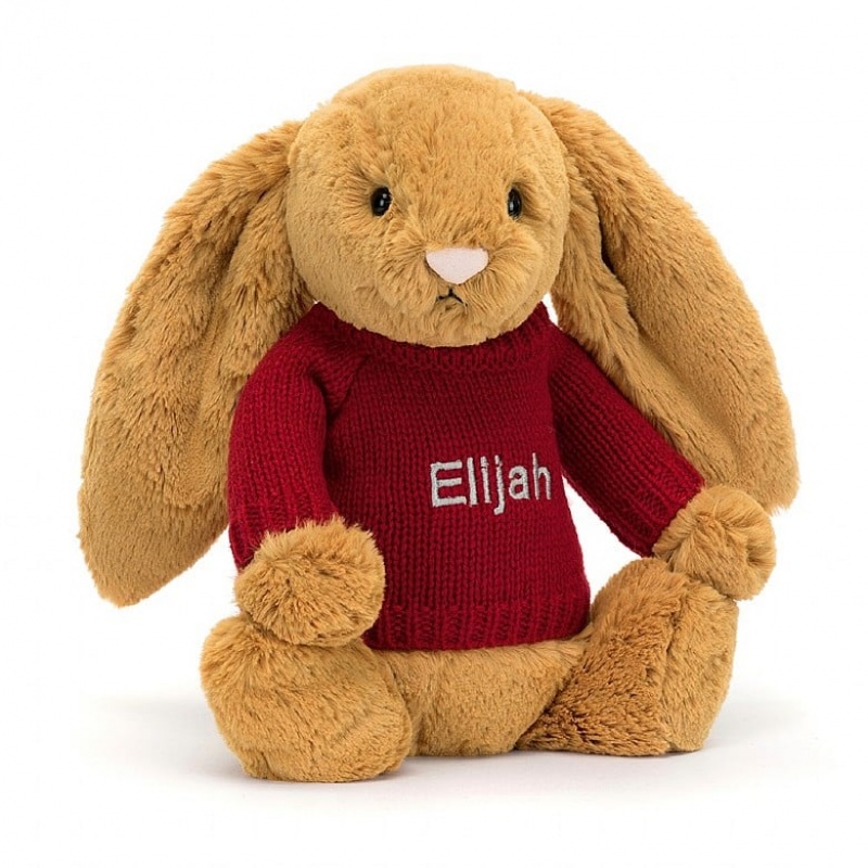 Jellycat Bashful Golden Lapin with Personalised Red Jumper MEDIUM - H31 X W12 CM | 68059JEIG