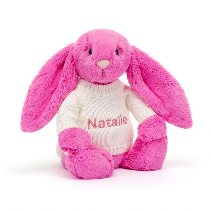 Jellycat Bashful Hot Pink Lapin with Personalised Cream Jumper MEDIUM - H31 X W12 CM | 35491FTZH