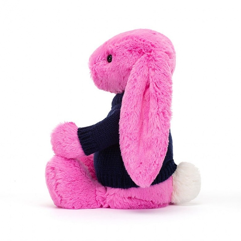 Jellycat Bashful Hot Pink Lapin with Personalised Navy Jumper MEDIUM - H31 X W12 CM | 24307IKXD