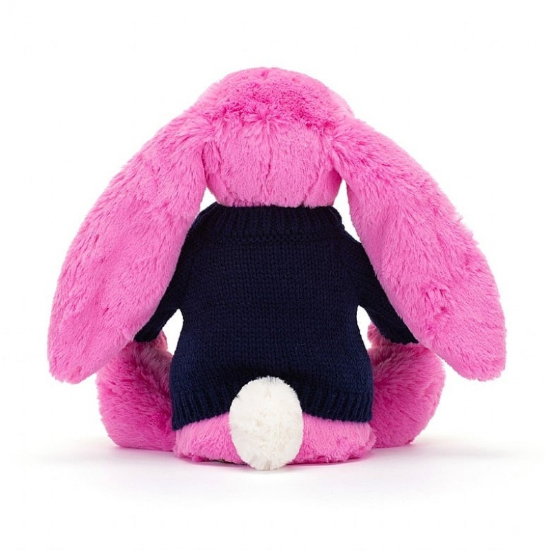 Jellycat Bashful Hot Pink Lapin with Personalised Navy Jumper MEDIUM - H31 X W12 CM | 24307IKXD