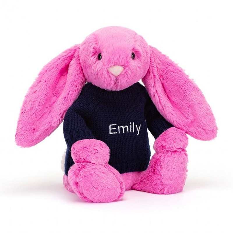 Jellycat Bashful Hot Pink Lapin with Personalised Navy Jumper MEDIUM - H31 X W12 CM | 24307IKXD