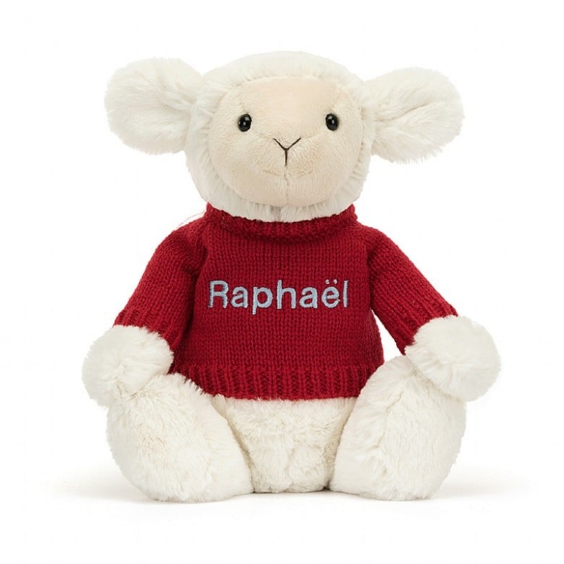 Jellycat Bashful Lamb with Personalied Red Jumper MEDIUM - H31 X W12 CM | 82637RPQS