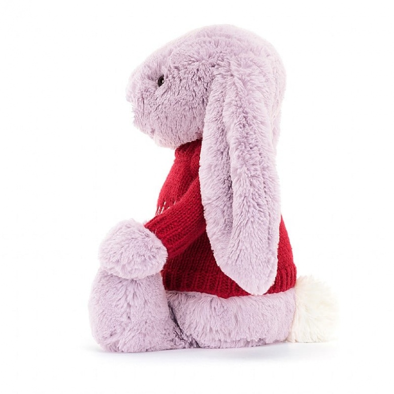 Jellycat Bashful Lilac Lapin with Personalised Red Jumper MEDIUM - H31 X W12 CM | 97486VMLY