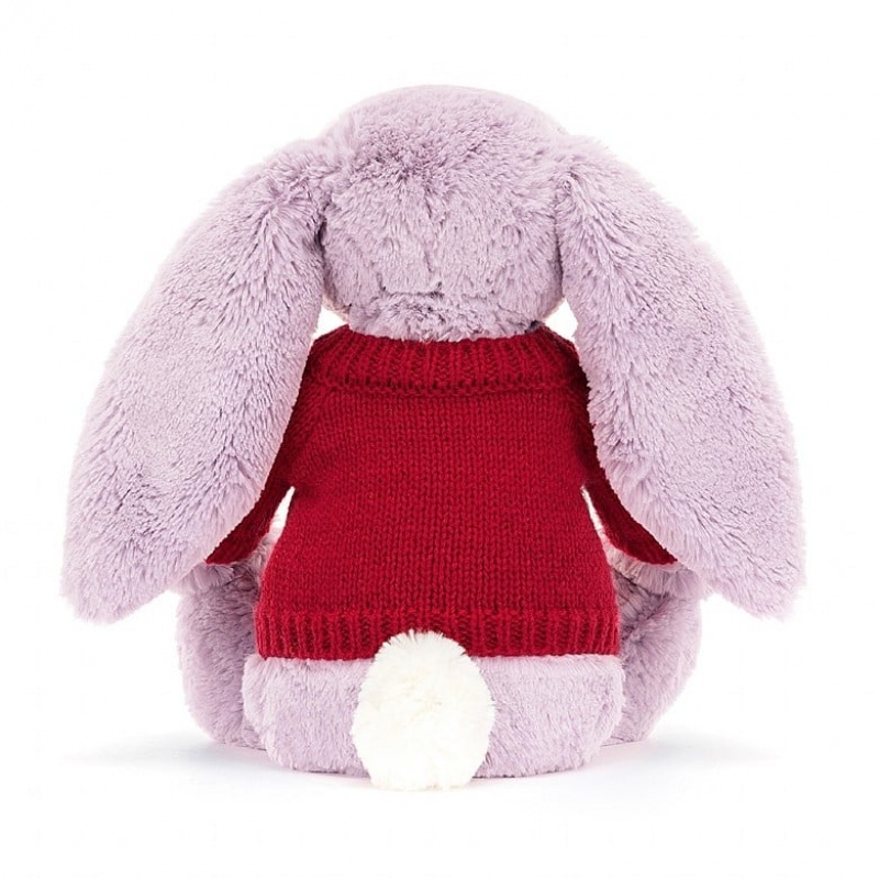 Jellycat Bashful Lilac Lapin with Personalised Red Jumper MEDIUM - H31 X W12 CM | 97486VMLY