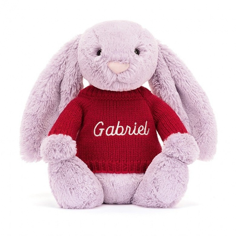 Jellycat Bashful Lilac Lapin with Personalised Red Jumper MEDIUM - H31 X W12 CM | 97486VMLY