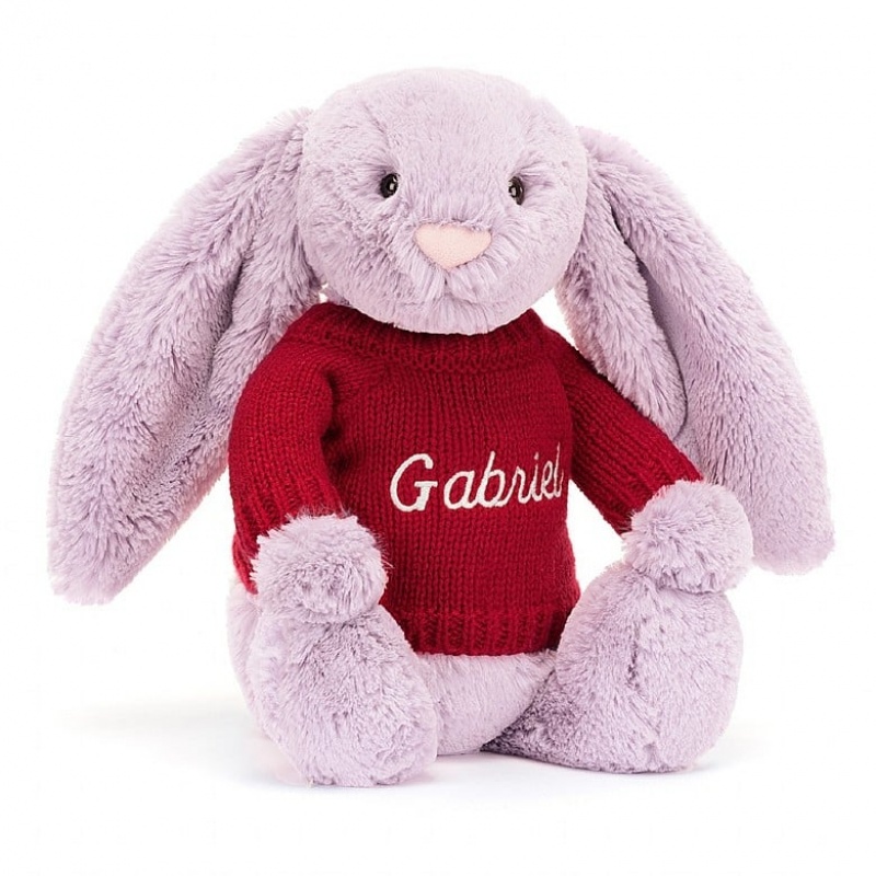 Jellycat Bashful Lilac Lapin with Personalised Red Jumper MEDIUM - H31 X W12 CM | 97486VMLY