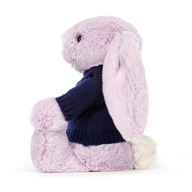 Jellycat Bashful Lilac Lapin with Personalised Navy Jumper MEDIUM - H31 X W12 CM | 45263OBCV