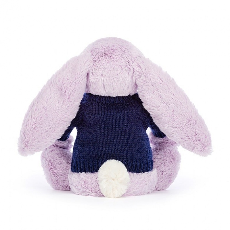 Jellycat Bashful Lilac Lapin with Personalised Navy Jumper MEDIUM - H31 X W12 CM | 45263OBCV