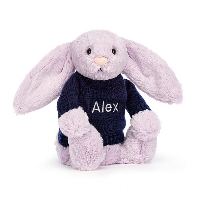 Jellycat Bashful Lilac Lapin with Personalised Navy Jumper MEDIUM - H31 X W12 CM | 45263OBCV