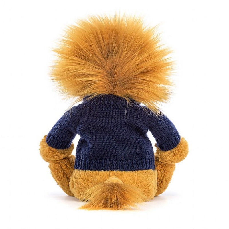 Jellycat Bashful Lion with Personalised Navy Jumper MEDIUM - H31 X W12 CM | 20134ZSEJ