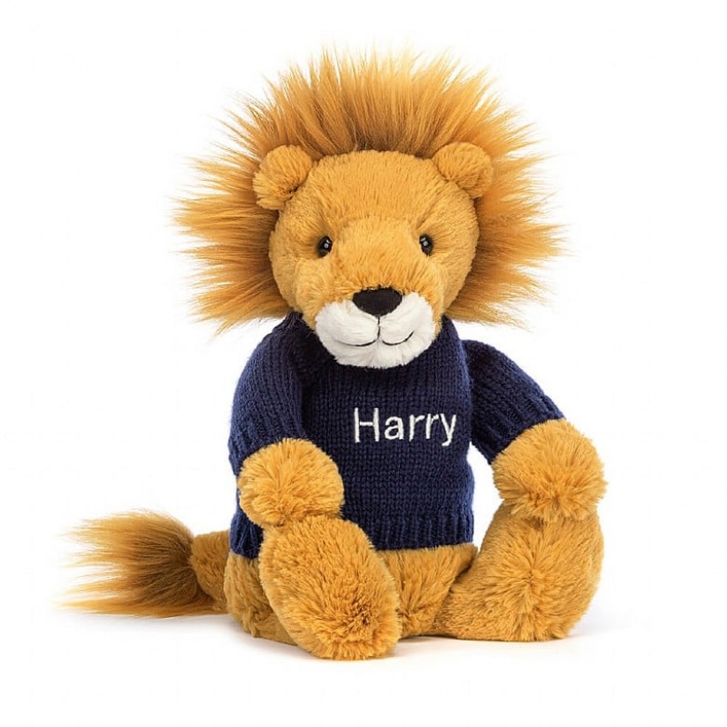 Jellycat Bashful Lion with Personalised Navy Jumper MEDIUM - H31 X W12 CM | 20134ZSEJ