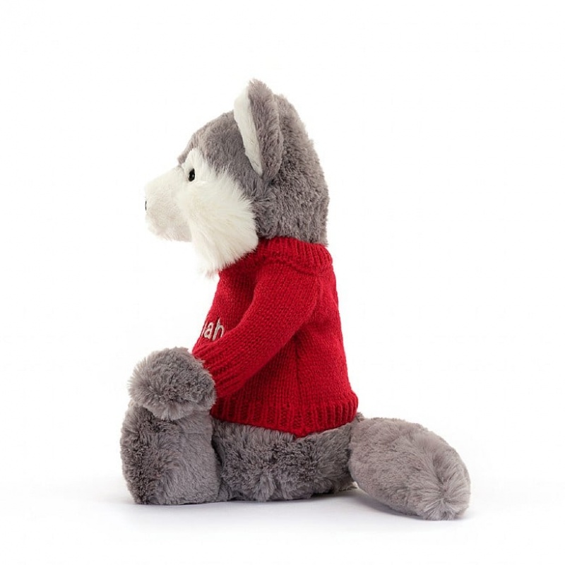 Jellycat Bashful Loup with Personalised Red Jumper MEDIUM - H31 X W12 CM | 09215ZLNU