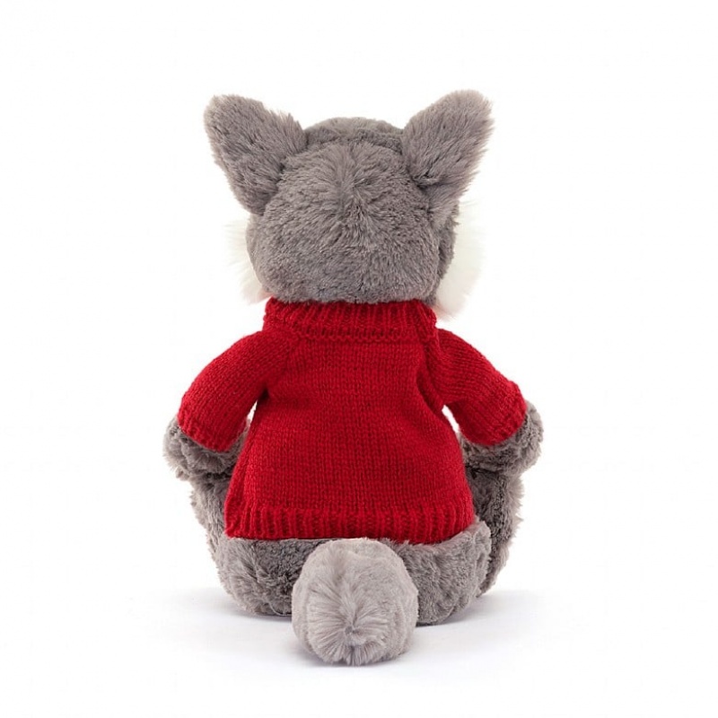 Jellycat Bashful Loup with Personalised Red Jumper MEDIUM - H31 X W12 CM | 09215ZLNU