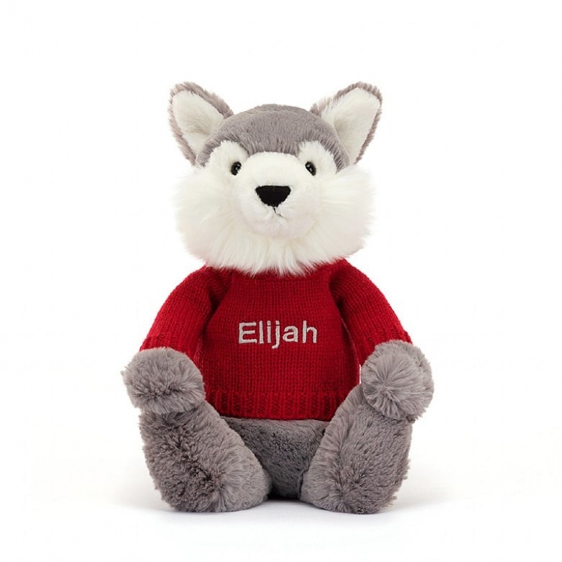 Jellycat Bashful Loup with Personalised Red Jumper MEDIUM - H31 X W12 CM | 09215ZLNU